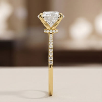 Round Lab Grown Diamond Pavé Engagement Ring in Gold – Four Prong Solitaire with Hidden Halo