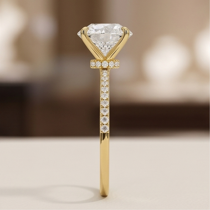 Round Lab Grown Diamond Pavé Engagement Ring in Gold – Four Prong Solitaire with Hidden Halo
