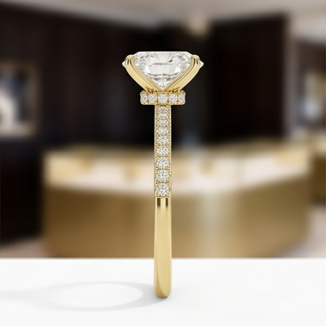 Oval Lab Grown Diamond Pavé Engagement Ring in Gold – Four Prong Solitaire with Hidden Halo