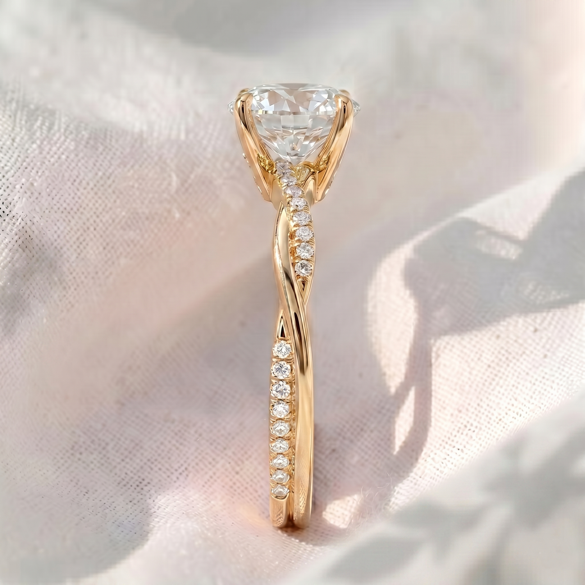 Twisted Band Round Lab Grown Diamond Engagement Ring in Gold – Pavé Crossover Ring