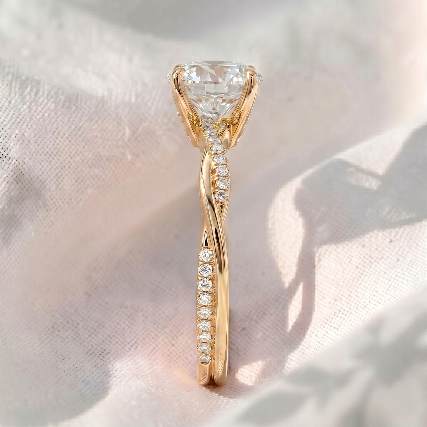 twisted band round lab grown diamond engagement ring in gold – pavé crossover ring