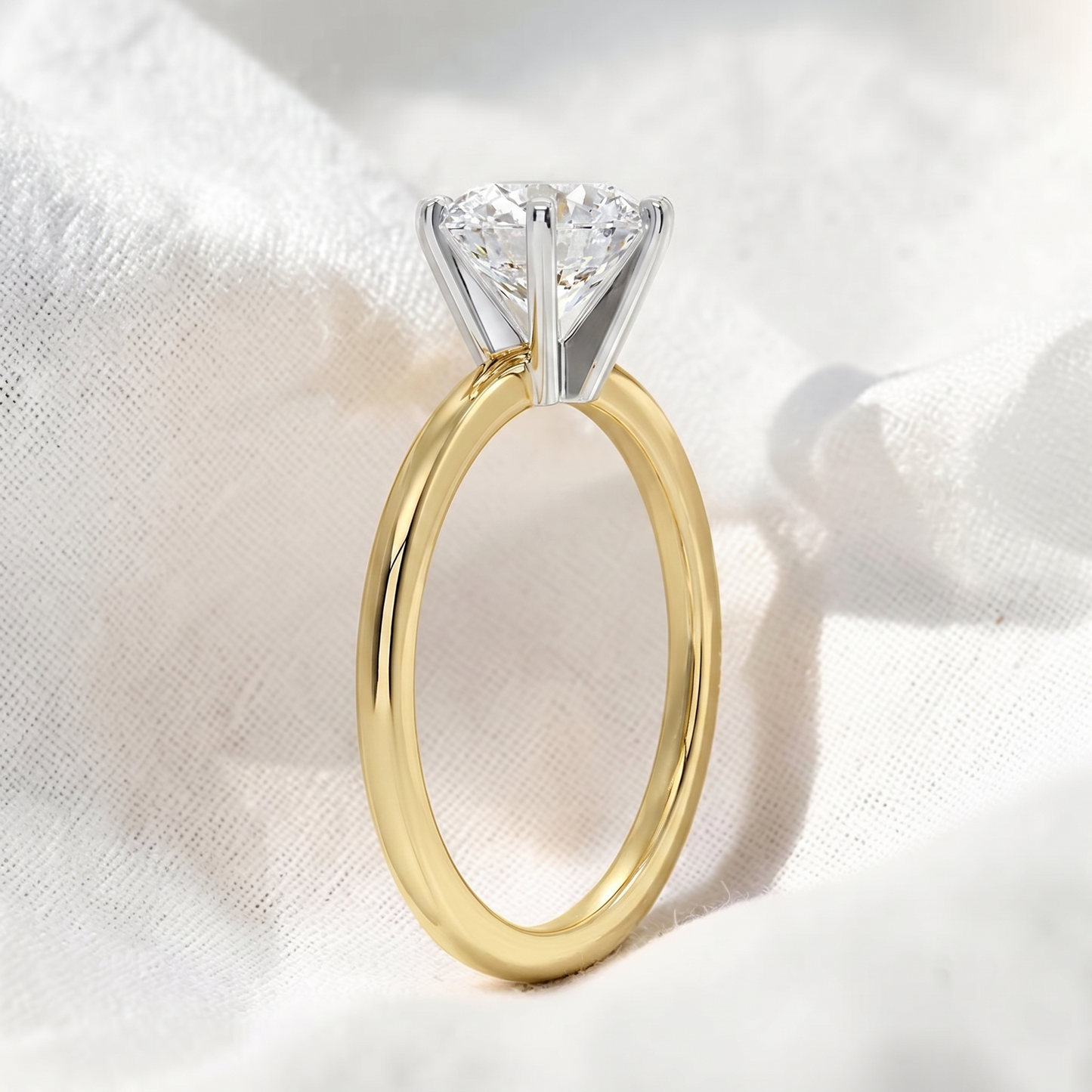 two tone round cut lab grown diamond solitaire cathedral engagement ring