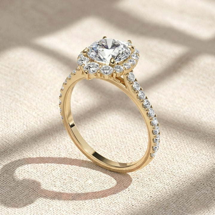Round Cut Lab Grown Diamond Engagement Ring, Vintage Floral Sunburst Halo Ring, Pavé Diamond Band, Unique Solid Gold Anniversary Ring For Her