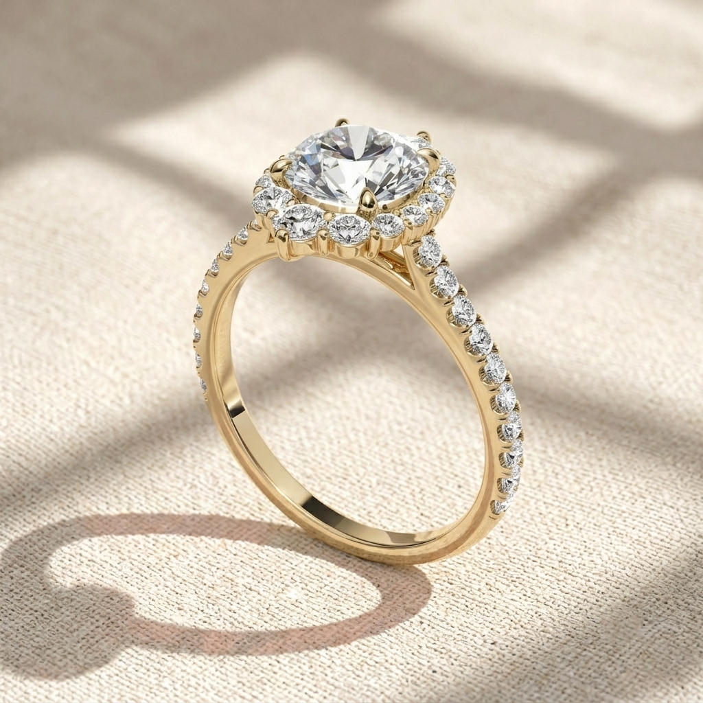 round cut lab grown diamond engagement ring, vintage floral sunburst halo ring, pavé diamond band, unique solid gold anniversary ring for her
