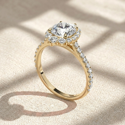 Round Cut Lab Grown Diamond Engagement Ring, Vintage Floral Sunburst Halo Ring, Pavé Diamond Band, Unique Solid Gold Anniversary Ring For Her