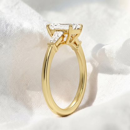 Emerald Cut Lab Grown Diamond Three Stone Engagement Ring with Tapered Baguette Side Stones