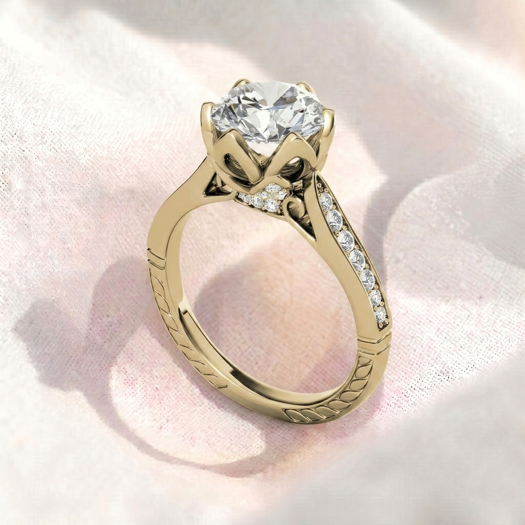 vintage round cut lab grown diamond engagement ring, petal prongs lotus setting ring, channel set diamond band, unique antique anniversary ring for her