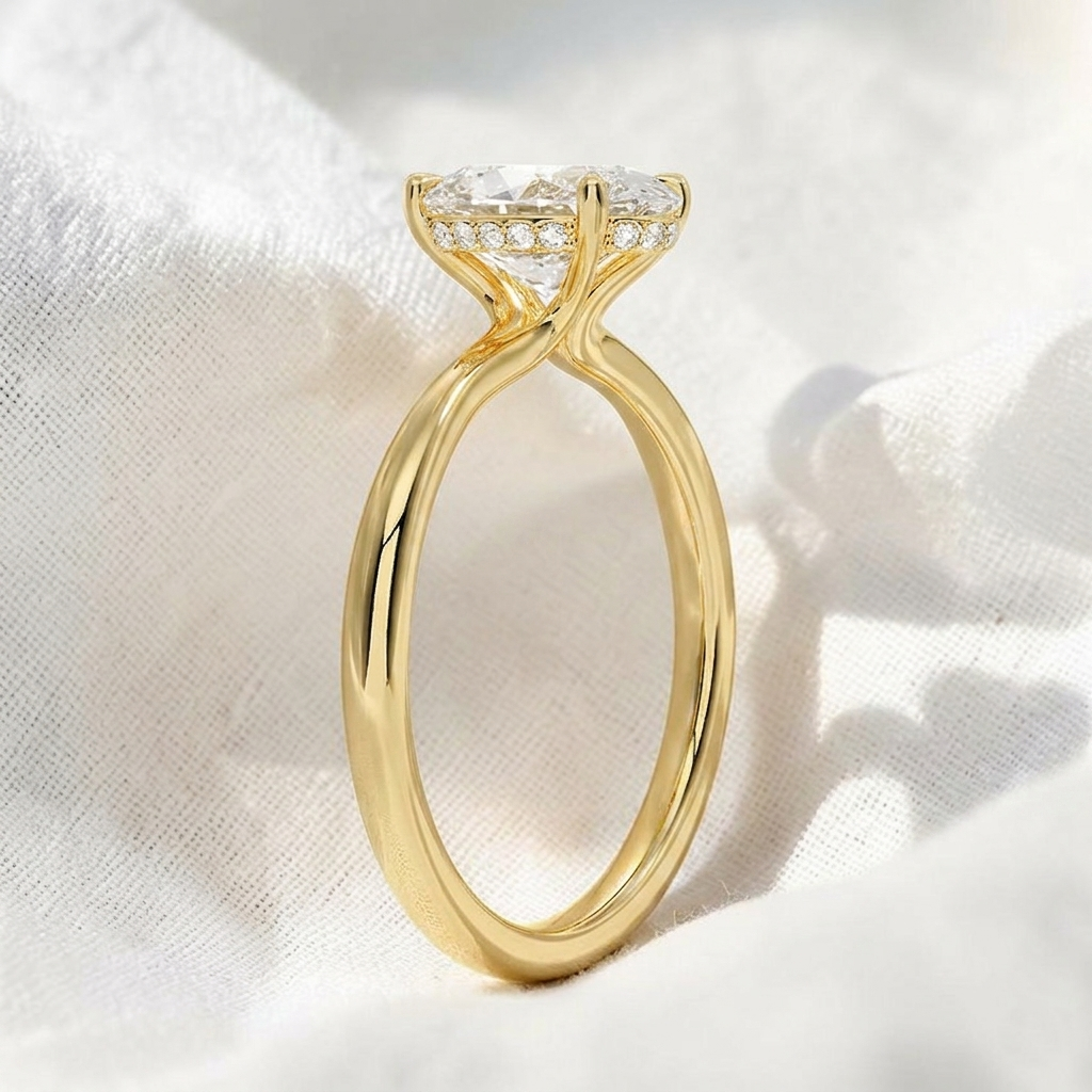 oval cut lab grown diamond twisted hidden halo engagement ring