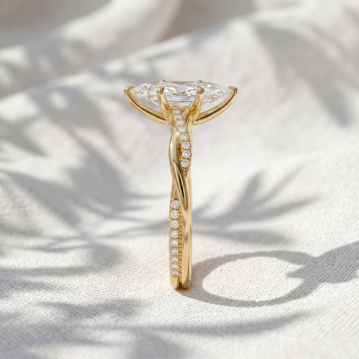 marquise lab grown diamond twisted pavé engagement ring