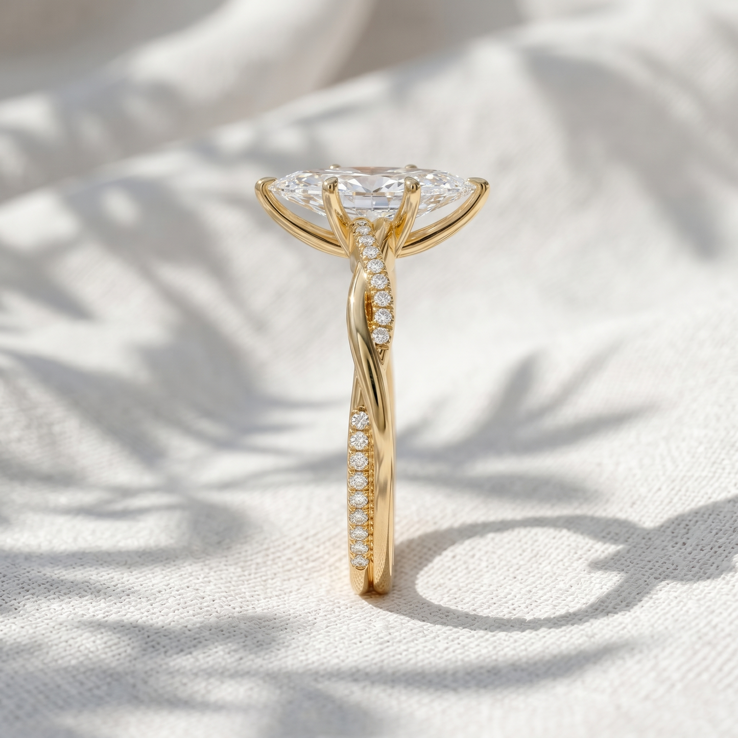marquise lab grown diamond twisted pavé engagement ring