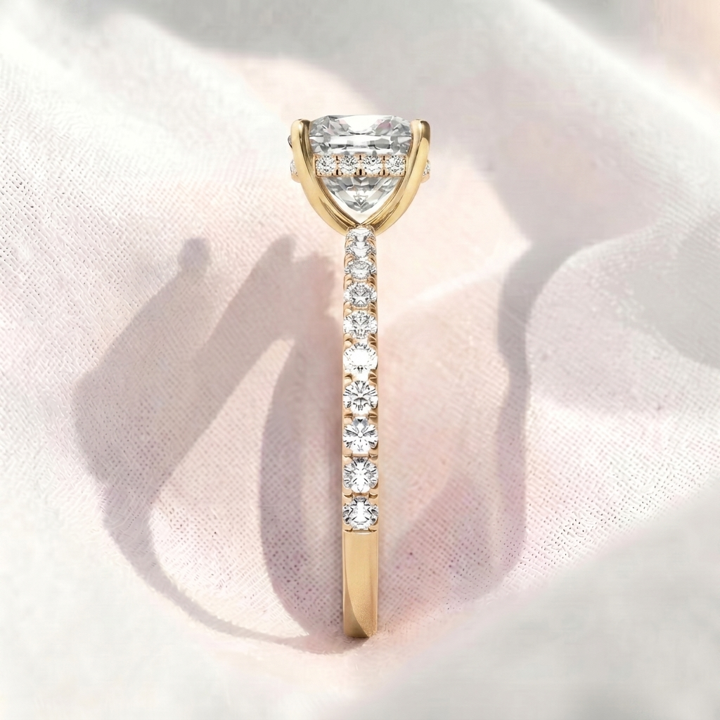 cushion cut hidden halo pavé lab diamond engagement ring