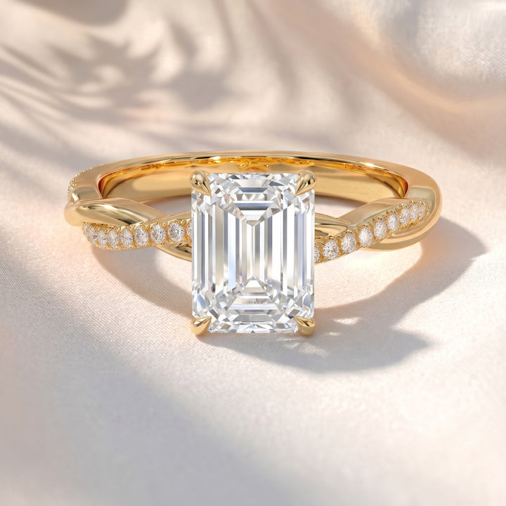Twisted Band Emerald Lab Grown Diamond Engagement Ring in Gold – Pavé Crossover Ring