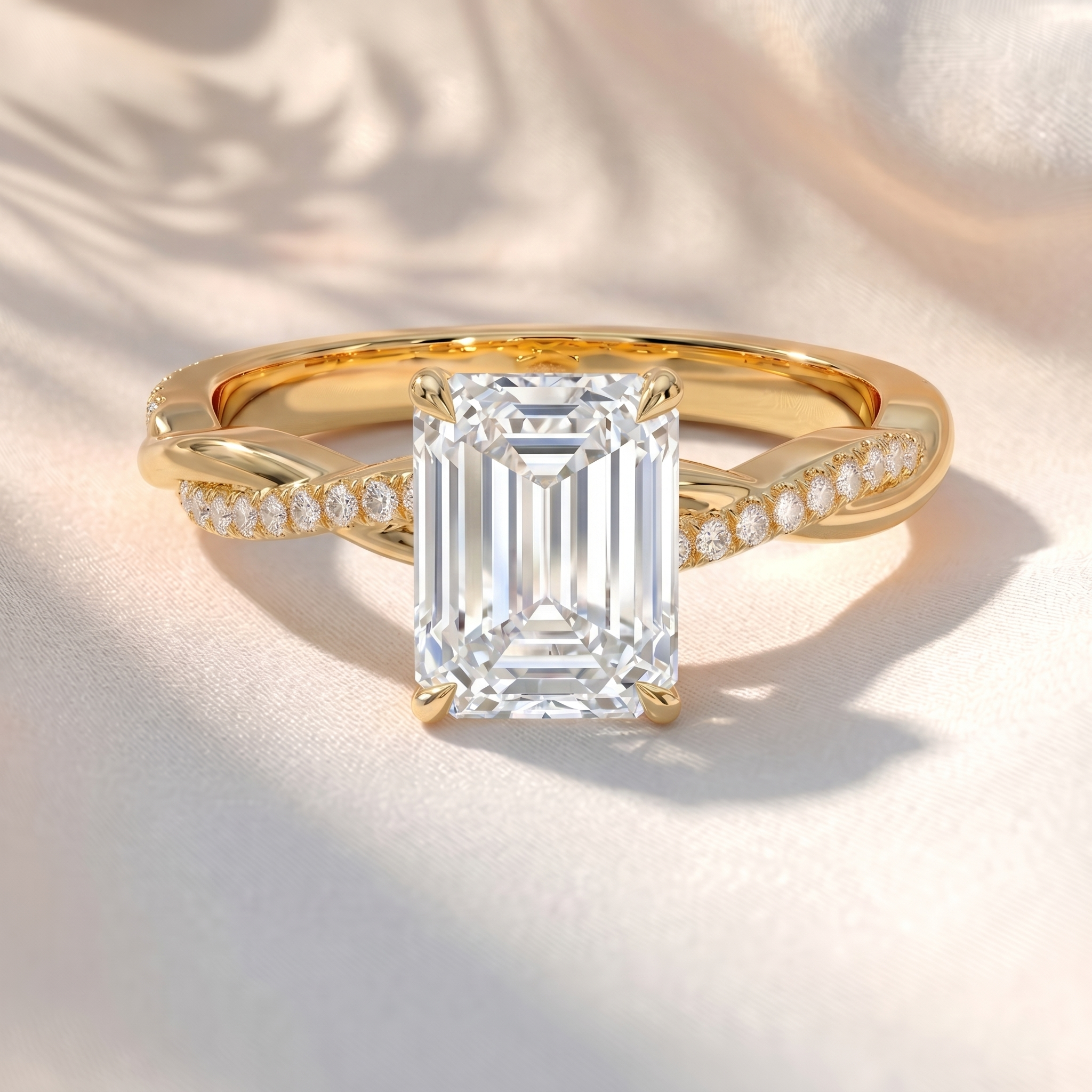 Twisted Band Emerald Lab Grown Diamond Engagement Ring in Gold – Pavé Crossover Ring
