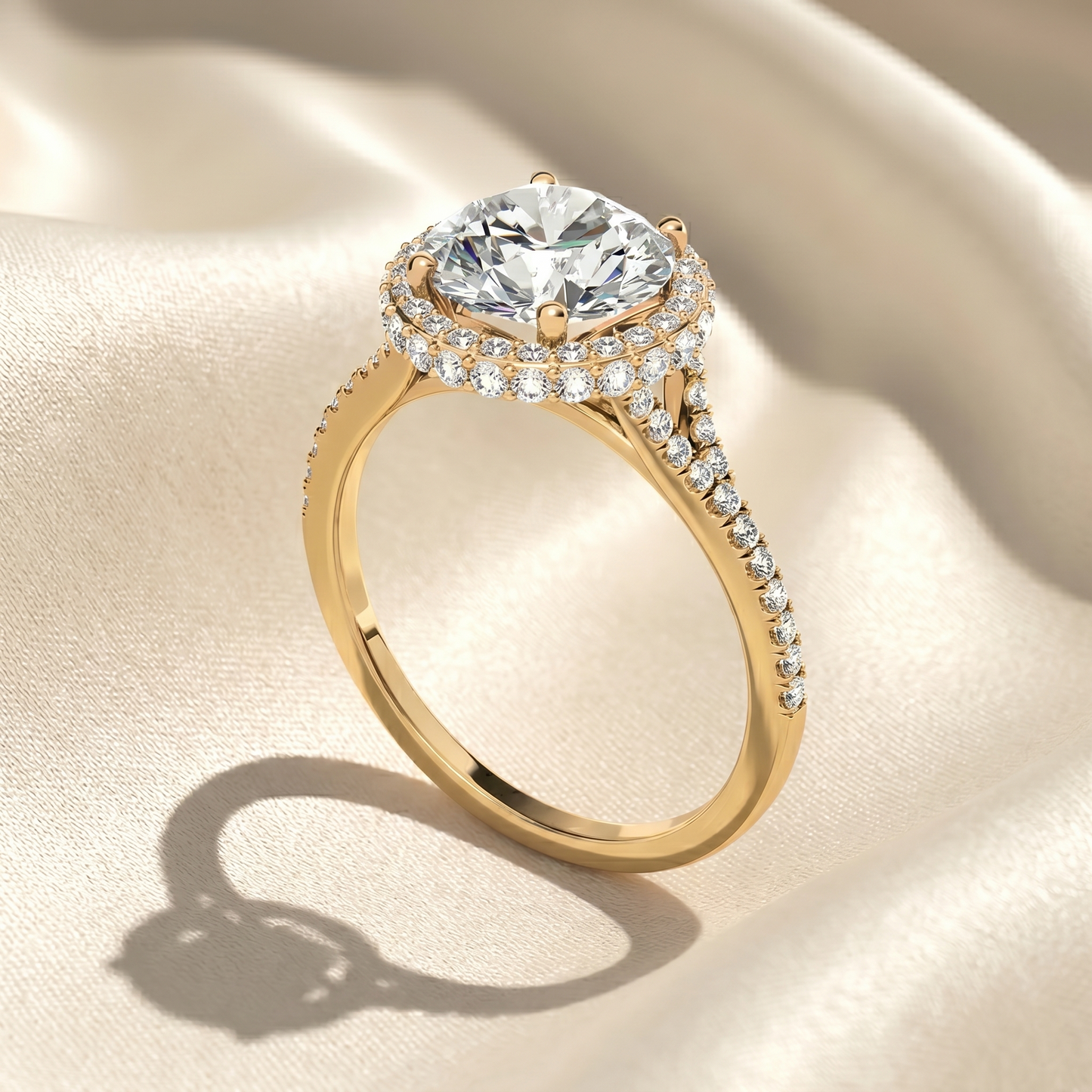 round cut lab grown diamond halo engagement ring, split shank pave diamond ring, double row halo ring, solid gold unique anniversary gift for her