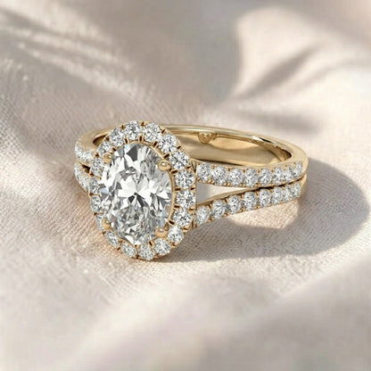 Oval Cut Lab Grown Diamond Engagement Ring, Split Shank Halo Ring, Double Row Pavé Band Ring, Unique Solid Gold Anniversary Gift For Her