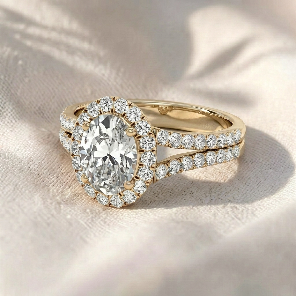 oval cut lab grown diamond engagement ring, split shank halo ring, double row pavé band ring, unique solid gold anniversary gift for her