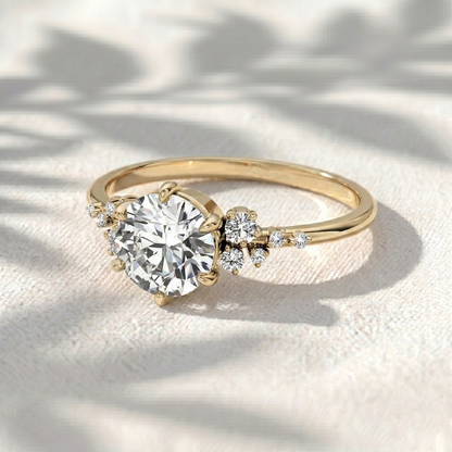 Round Cut Lab Grown Diamond Engagement Ring, Cluster Side Stones Solitaire Ring, Asymmetrical Diamond Band, Unique Solid Gold Anniversary Gift For Her
