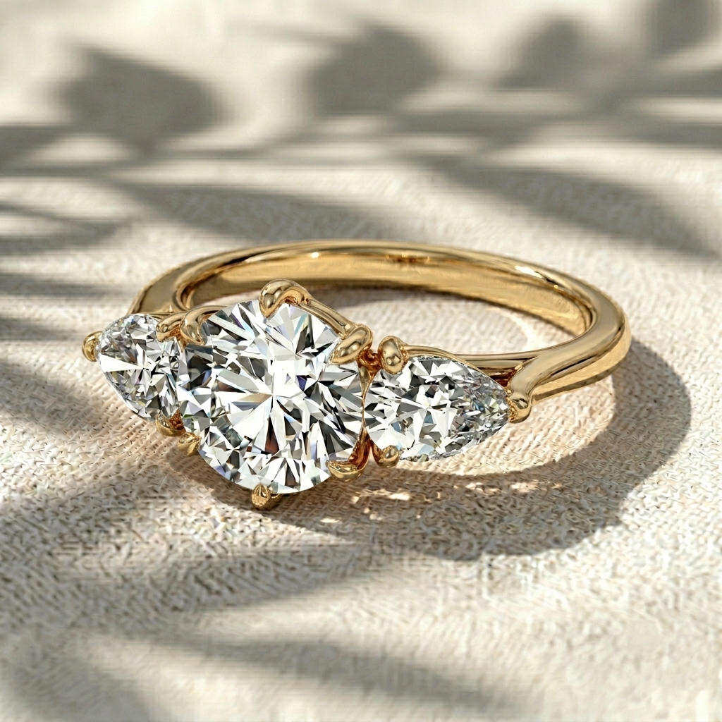 round lab diamond pear side stones three stone engagement ring