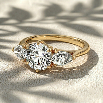 Round Lab Diamond Pear Side Stones Three Stone Engagement Ring