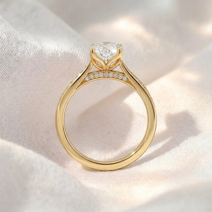 Round Lab Grown Diamond Tulip Cathedral Engagement Ring with Pavé Accent Band