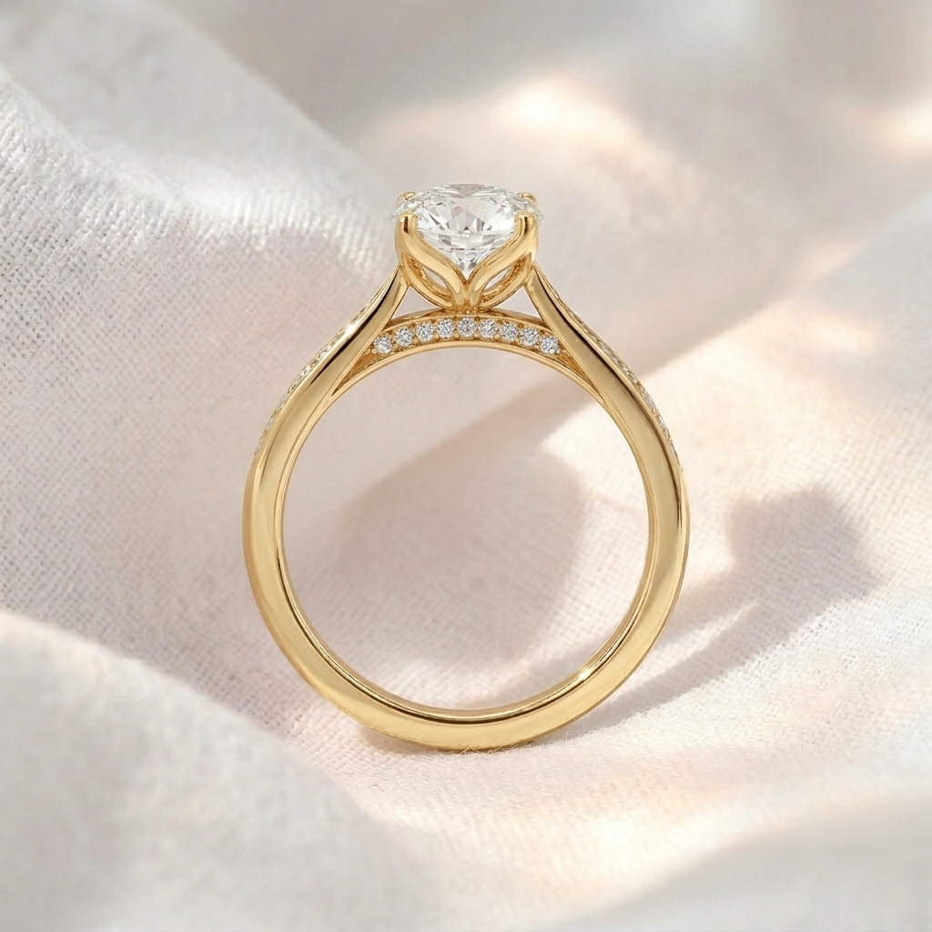 round lab grown diamond tulip cathedra engagement ring with pavé accent band