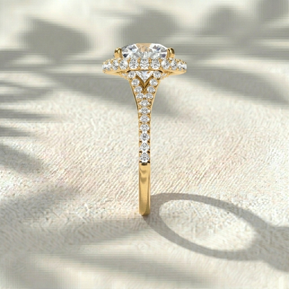 Round Cut Lab Grown Diamond Halo Engagement Ring, Split Shank Pave Diamond Ring, Double Row Halo Ring, Solid Gold Unique Anniversary Gift For Her