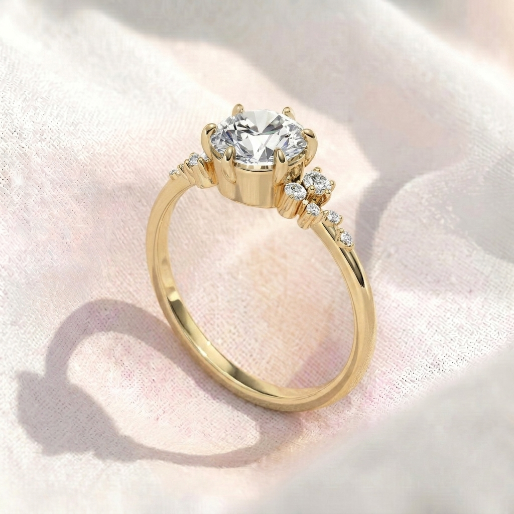 round cut lab grown diamond engagement ring, cluster side stones solitaire ring, asymmetrical diamond band, unique solid gold anniversary gift for her