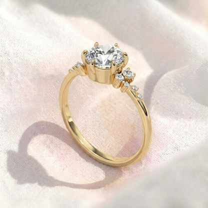 Round Cut Lab Grown Diamond Engagement Ring, Cluster Side Stones Solitaire Ring, Asymmetrical Diamond Band, Unique Solid Gold Anniversary Gift For Her