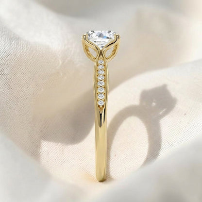 Round Lab Grown Diamond Tulip Cathedral Engagement Ring with Pavé Accent Band
