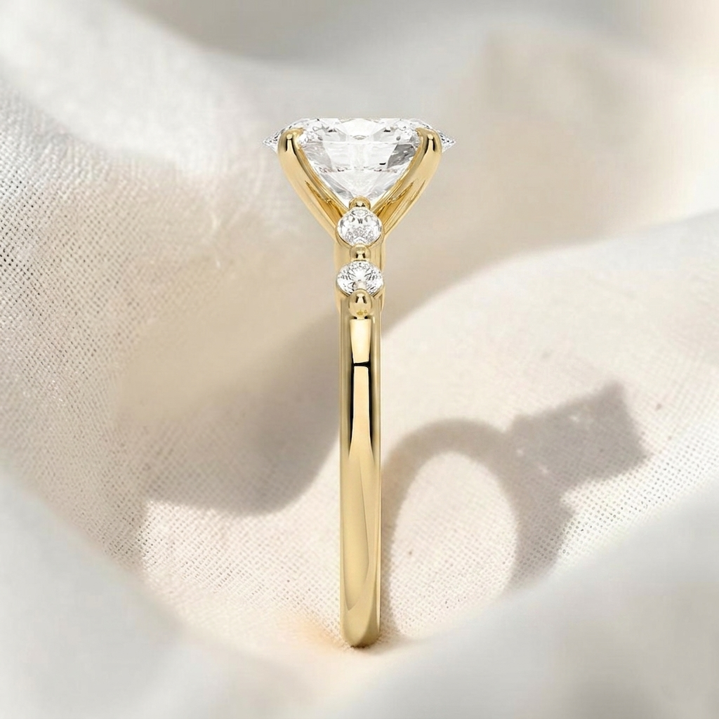 Oval Cut Lab Grown Diamond Marquise & Round Side Stone Engagement Ring