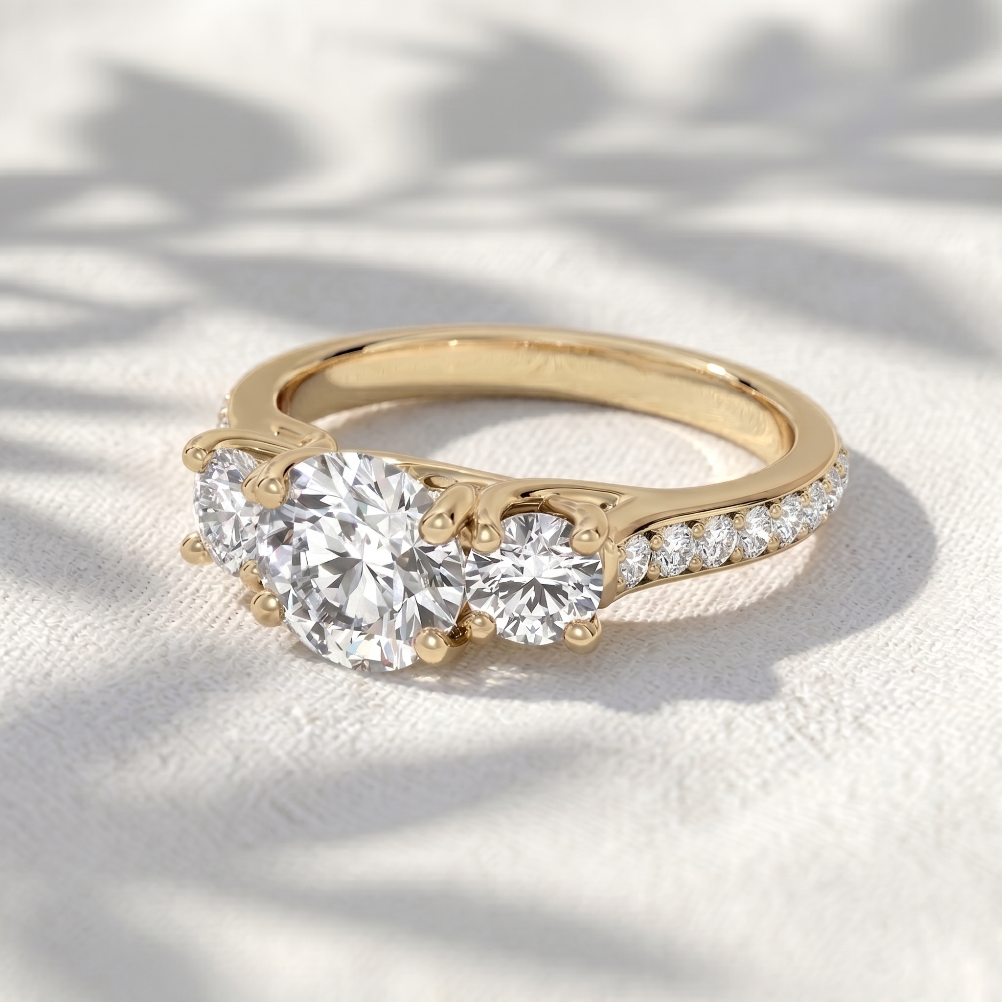 Round Lab Grown Diamond Three Stone Engagement Ring with Pavé Band