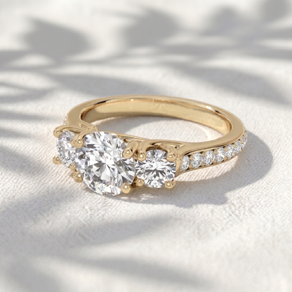 Round Lab Grown Diamond Three Stone Engagement Ring with Pavé Band
