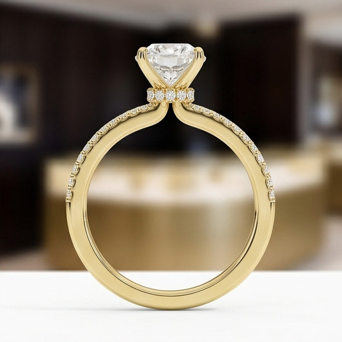 oval lab grown diamond pavé engagement ring in gold – four prong solitaire with hidden halo