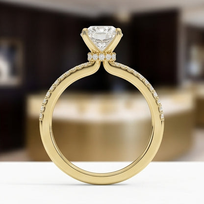 Oval Lab Grown Diamond Pavé Engagement Ring in Gold – Four Prong Solitaire with Hidden Halo