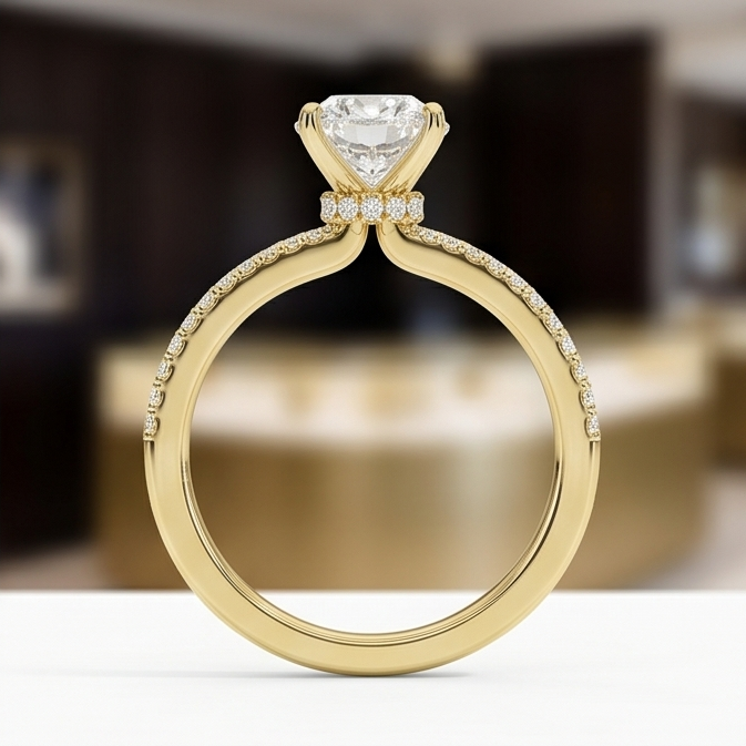 Oval Lab Grown Diamond Pavé Engagement Ring in Gold – Four Prong Solitaire with Hidden Halo