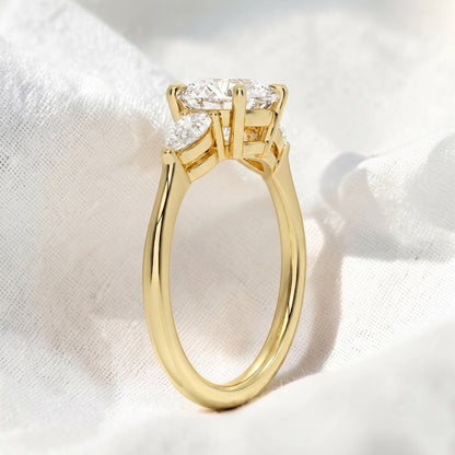 Round Lab Grown Diamond Three Stone Engagement Ring with Pear Side Stones