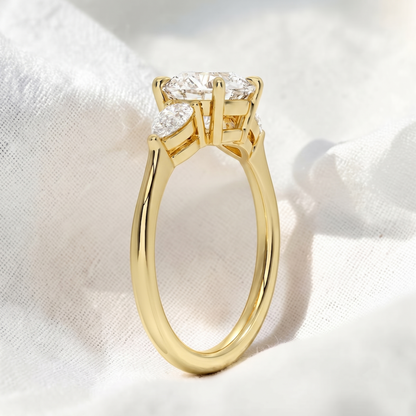 Round Lab Grown Diamond Three Stone Engagement Ring with Pear Side Stones