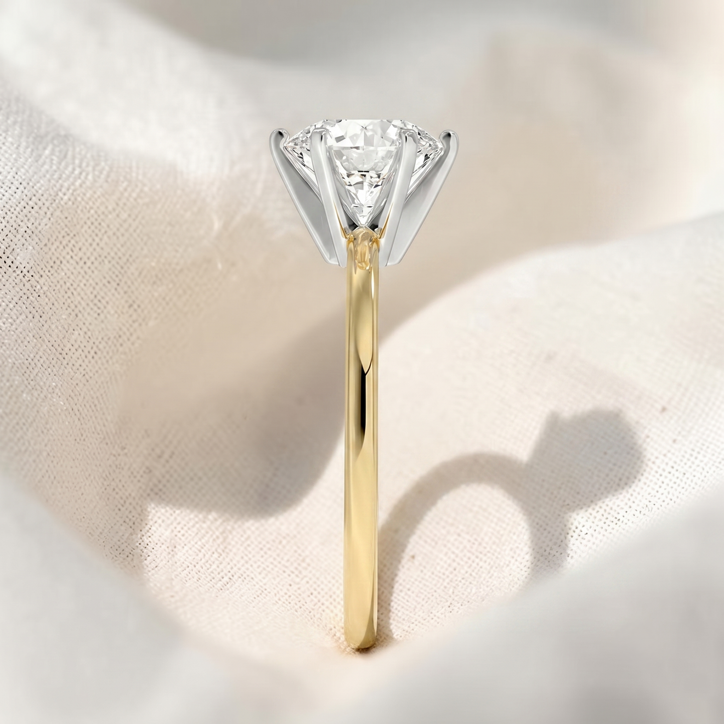 two tone round cut lab grown diamond solitaire cathedral engagement ring