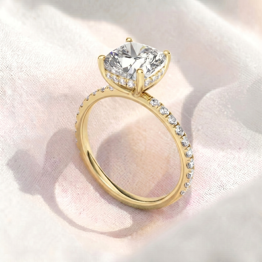 cushion cut hidden halo pavé lab diamond engagement ring