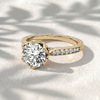 Vintage Round Cut Lab Grown Diamond Engagement Ring, Petal Prongs Lotus Setting Ring, Channel Set Diamond Band, Unique Antique Anniversary Ring For Her