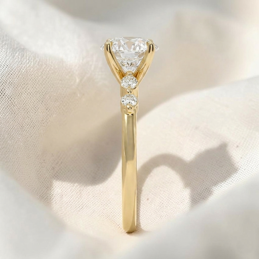 round cut lab grown diamond marquise & round side stone engagement ring