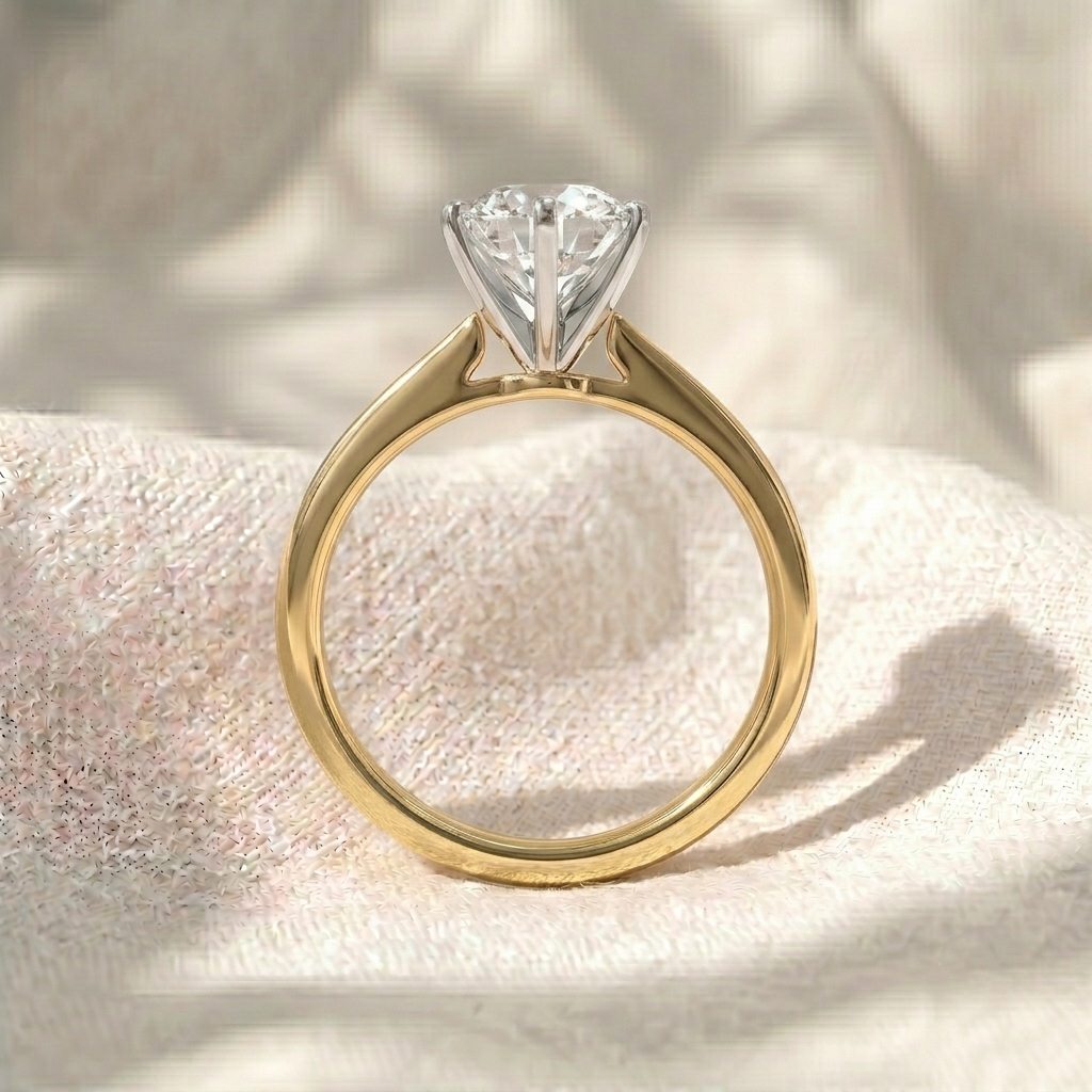 round cut lab grown diamond engagement ring, twisted pave band solitaire ring, two tone gold split shank ring, unique anniversary gift for her