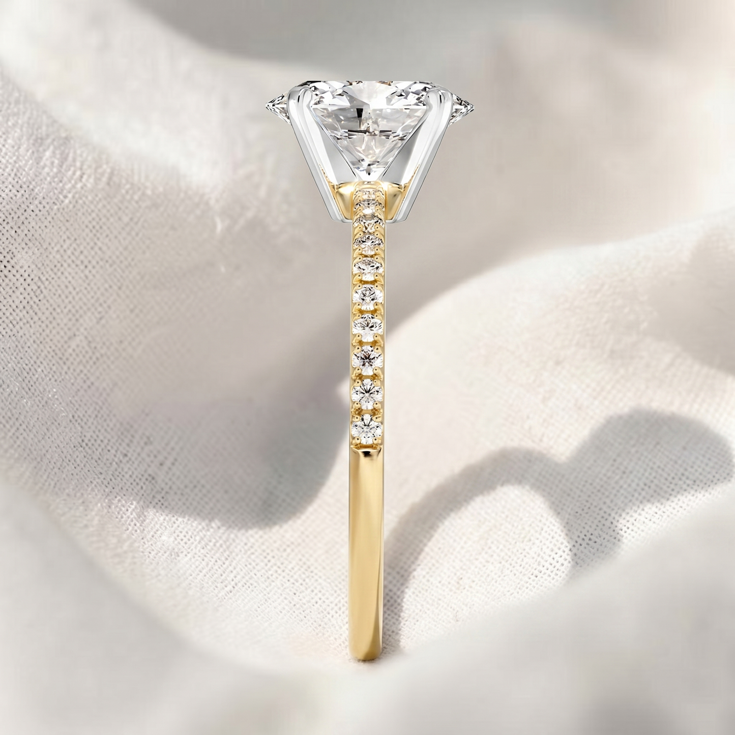 two tone oval cut lab grown diamond pave engagement ring