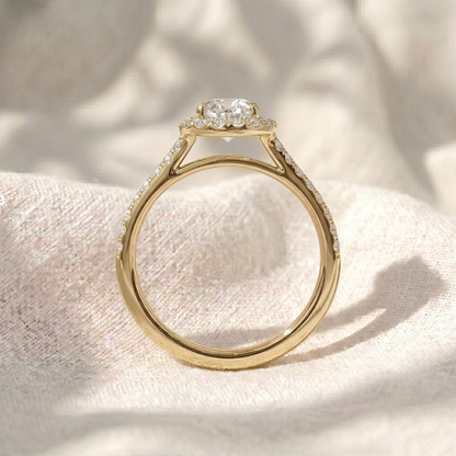 Oval Cut Lab Grown Diamond Engagement Ring, Split Shank Halo Ring, Double Row Pavé Band Ring, Unique Solid Gold Anniversary Gift For Her
