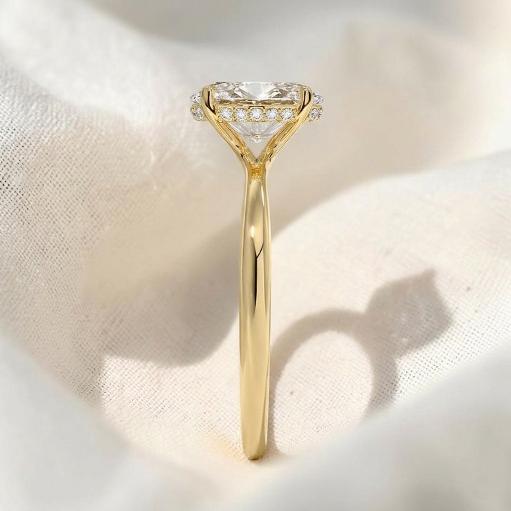 oval cut lab grown diamond twisted hidden halo engagement ring