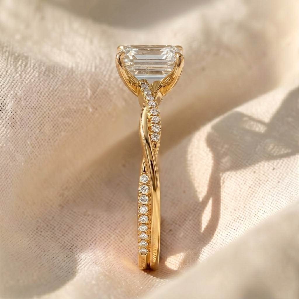 Twisted Band Emerald Lab Grown Diamond Engagement Ring in Gold – Pavé Crossover Ring
