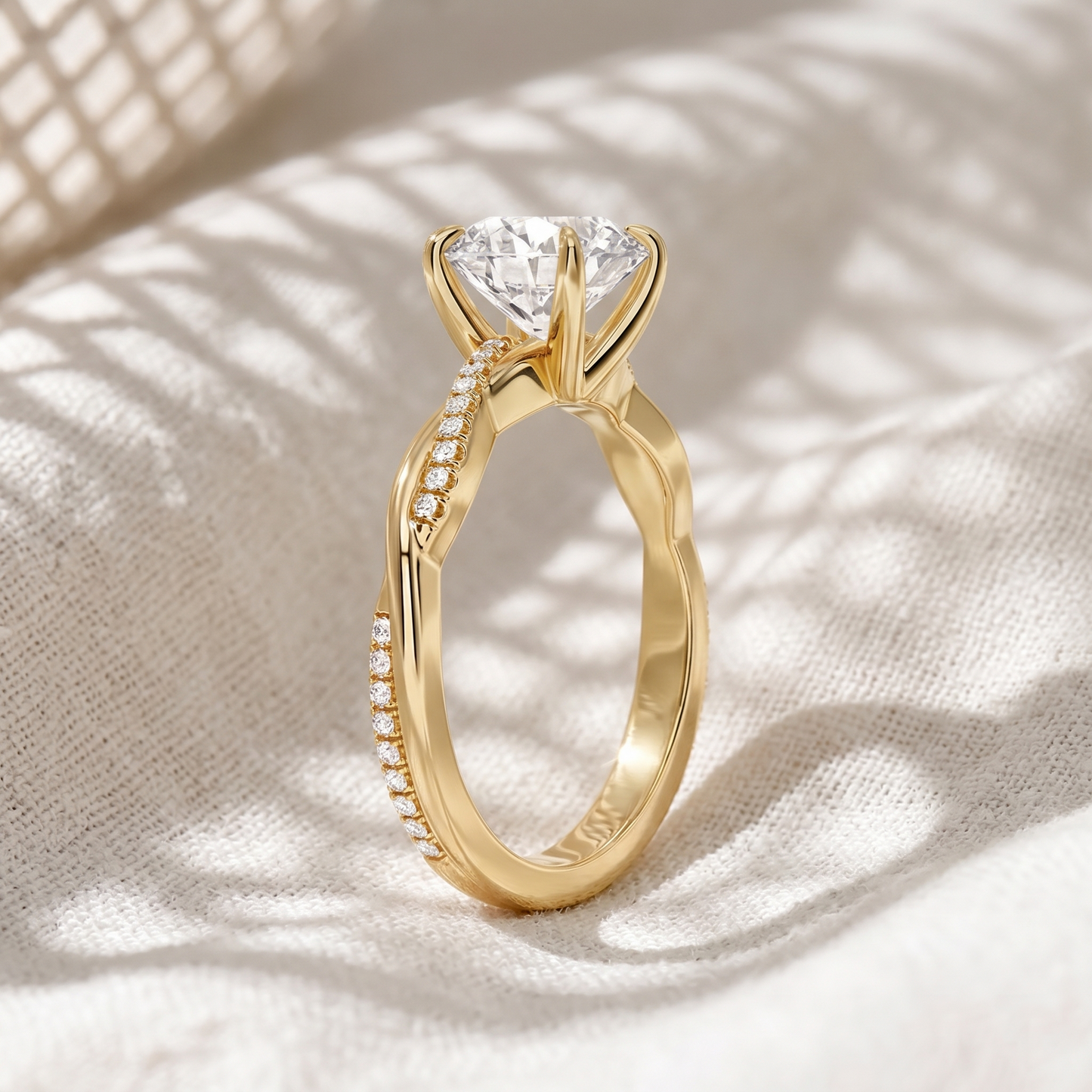 round lab grown diamond twisted pavé engagement ring