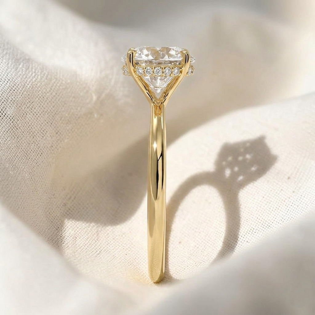 round cut lab grown diamond twisted hidden halo engagement ring