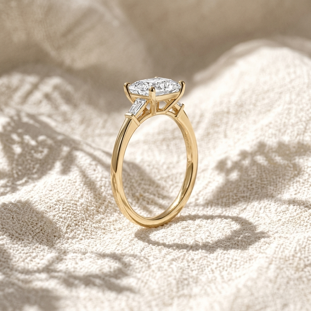 oval lab grown diamond three stone engagement ring with tapered baguette side stones
