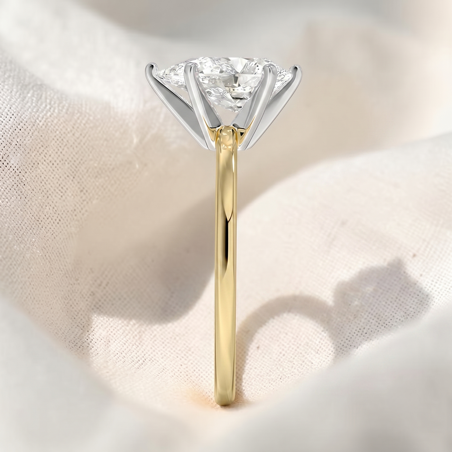 two tone pear cut lab grown diamond solitaire cathedral engagement ring